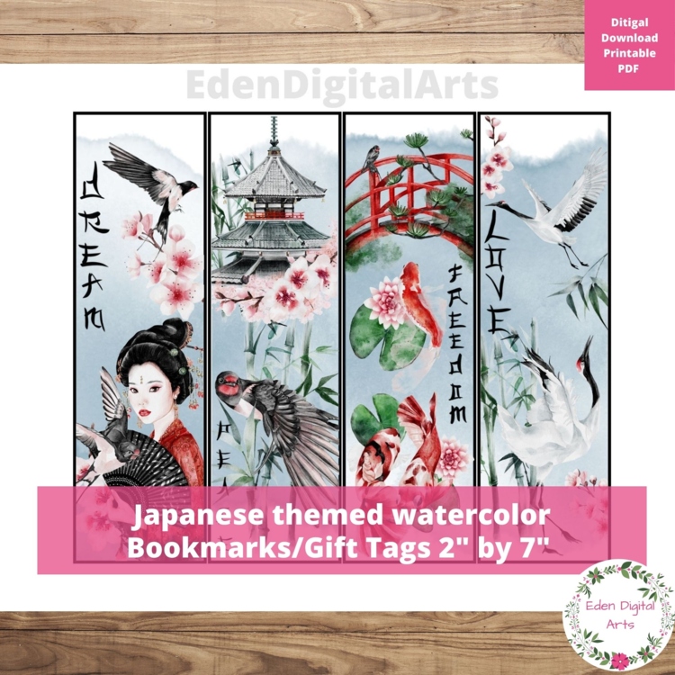Japanese Aesthetic Watercolor Bookmarks, Japan Symbols Card Birds Koi Class Gift
