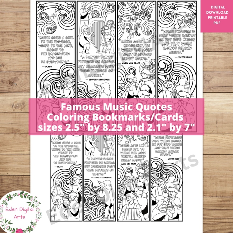Music Quotes Doodle Coloring Bookmarks Gift Reward Cards Musical Keepsake Craft