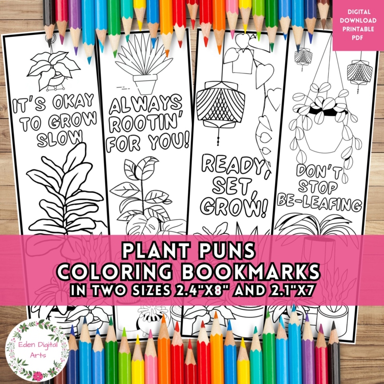 Cute Plant Puns Coloring Bookmarks Compliment Positive Encouraging Cards Gift