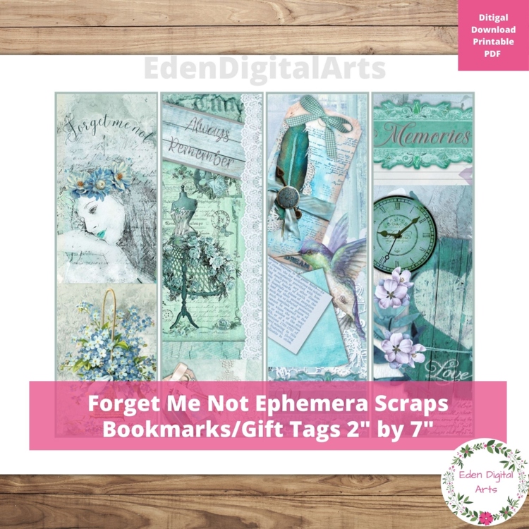 Forget Me Not Vintage Scraps Collage Bookmarks, Thinking of You Cards Class Gift