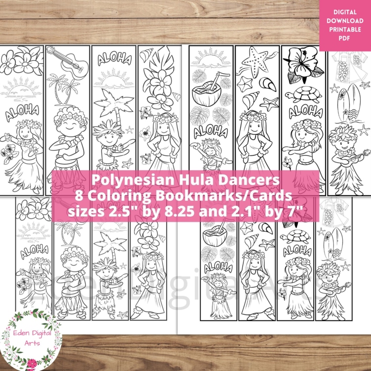 Hawaiian Tropical Luau Party Coloring Bookmarks, Hula Dancers Pacific Craft Card