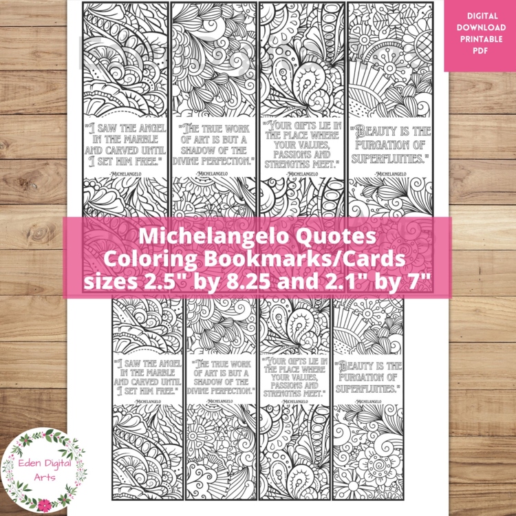 Michelangelo Art Quotes Coloring Bookmarks, Relaxing Doodle Craft Art History