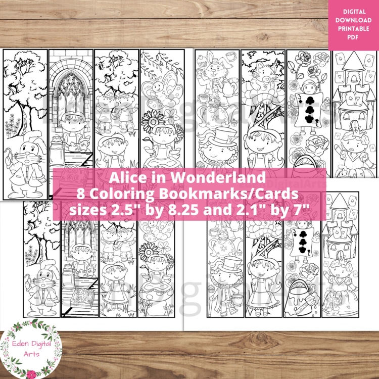 Alice in Wonderland Coloring Bookmarks Book Club Tea Party Students Cards Craft