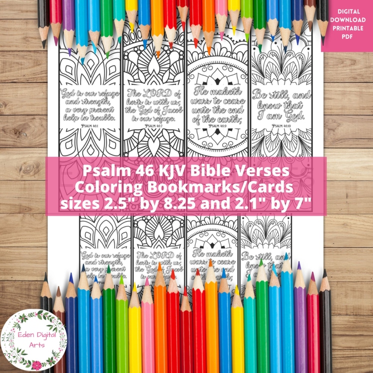 Psalm 46 Coloring Bible Verse Bookmarks, KJV Scripture Christian Craft Cards