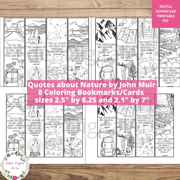 Nature Explorer John Muir Quotes Coloring Bookmarks, Camping Summer Craft Cards