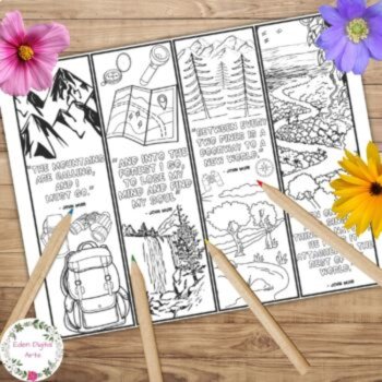 Nature Explorer John Muir Quotes Coloring Bookmarks, Camping Summer Craft Cards, image 2