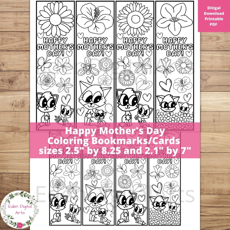 Happy Mother's Day Coloring Bookmarks Cards Gift for Mom Craft Cute Foxes Flower