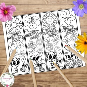 Happy Mother's Day Coloring Bookmarks Cards Gift for Mom Craft Cute Foxes Flower, image 2