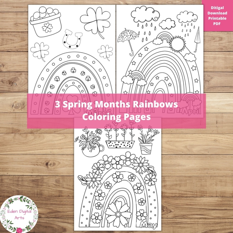 Spring Months Rainbows 3 Coloring Pages Whimsical Garden Flowers Rain Craft
