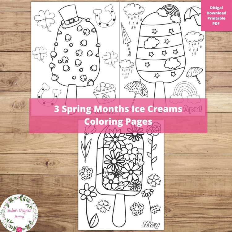 Spring Months Ice Cream Popsicles 3 Coloring Pages Garden Flowers Fun Zen Craft