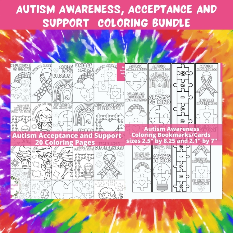 Autism Awareness Acceptance Kind Support Coloring Pages Bookmarks Craft Bundle