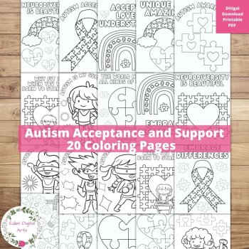 Autism Awareness Acceptance Kind Support Coloring Pages Bookmarks Craft Bundle, image 2