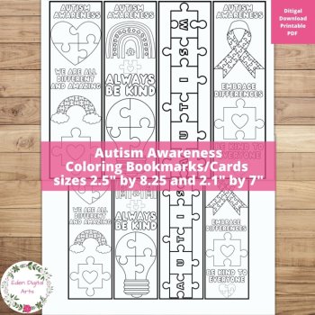 Autism Awareness Acceptance Kind Support Coloring Pages Bookmarks Craft Bundle, image 3