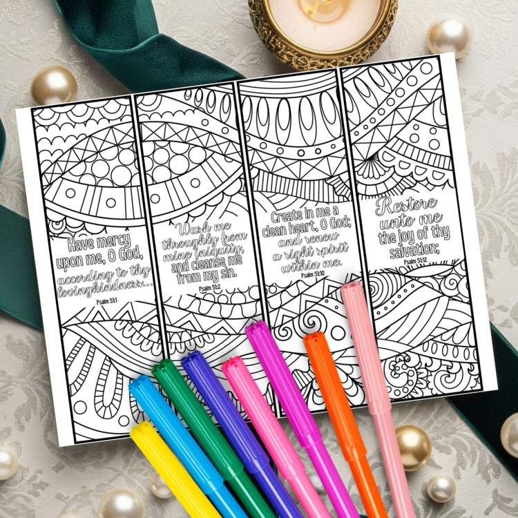Psalm 51 Coloring Bible Bookmarks KJV Scripture Christian Prayer Craft Card Gift