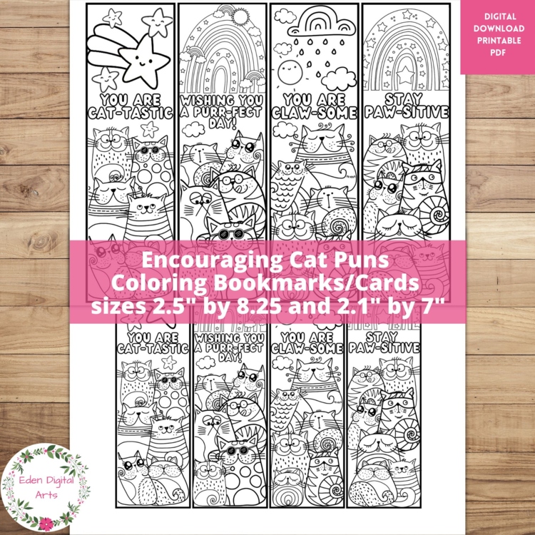 Cute Cat Puns Doodle Coloring Bookmarks Acts of Kindness Positivity Cards Craft