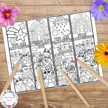 Cute Cat Puns Doodle Coloring Bookmarks Acts of Kindness Positivity Cards Craft, image 2