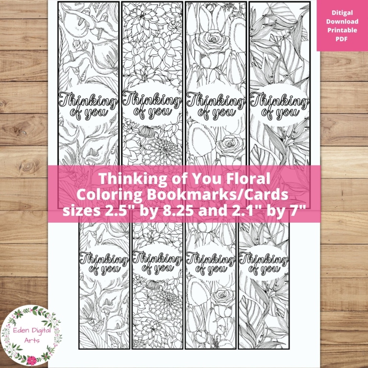 Thinking of You Coloring Bookmarks with Flowers Keepsake Card Craft Floral Gift
