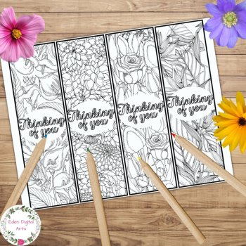 Thinking of You Coloring Bookmarks with Flowers Keepsake Card Craft Floral Gift, image 3