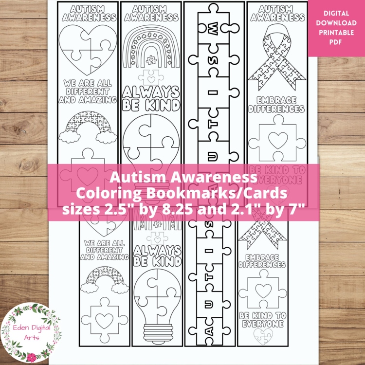 Autism Awareness Acceptance Coloring Bookmarks Kindness Cards Craft Activity