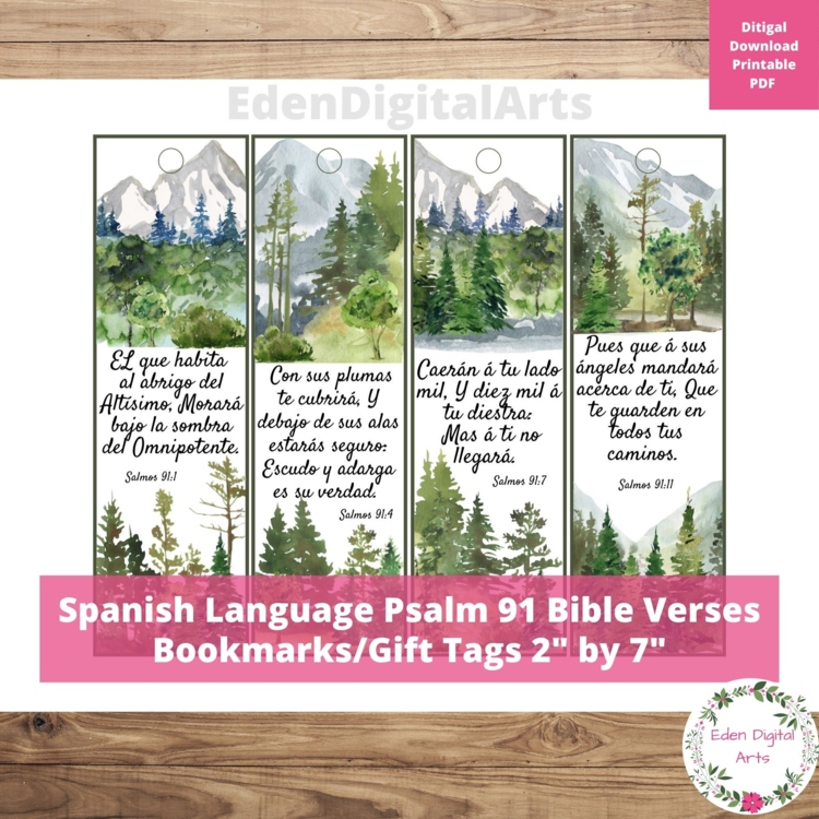 Spanish Bible Verses Psalm 91 Watercolor Bookmarks, Scripture Class Cards Gift