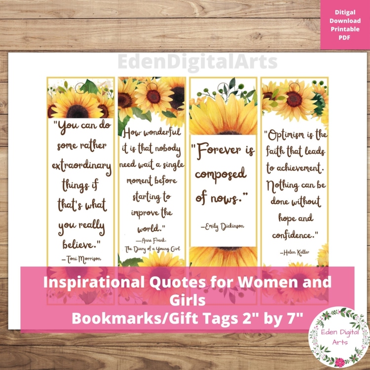 Sunflowers Inspirational Bookmarks Cards Women's History Famous Females Quotes