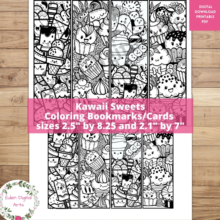 Cute Kawaii Cupcakes Sweets Coloring Bookmarks Relaxing Activity Zen Cards Craft