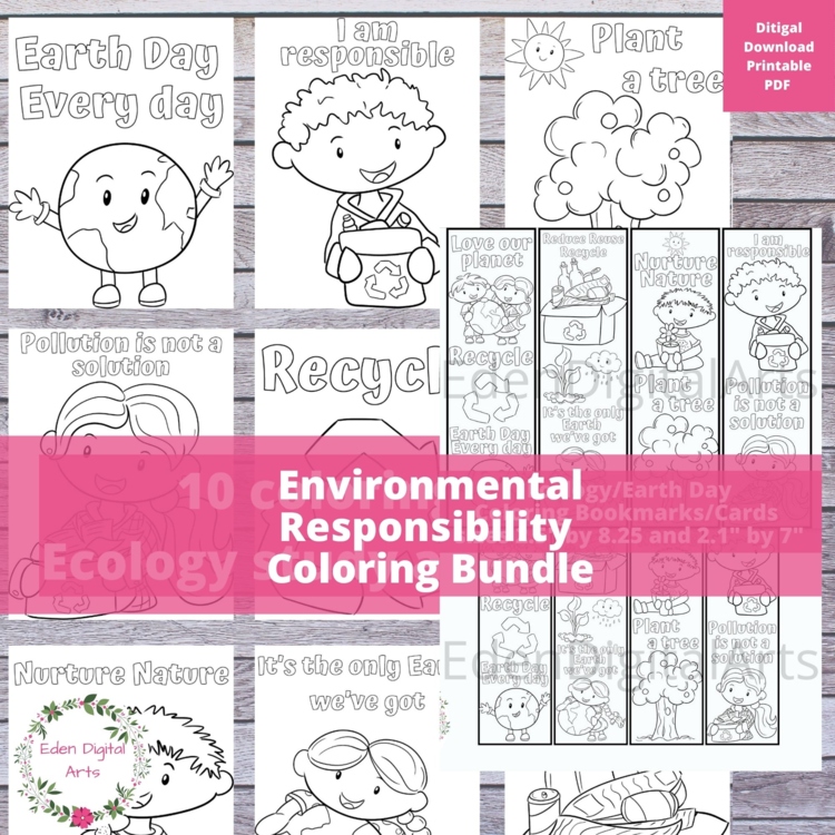 Earth Day Ecology Coloring Pages Bookmarks Craft Bundle Cute Kawaii Kids