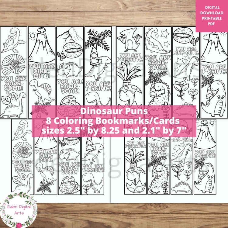 Cute Dinosaur Puns Coloring Bookmarks Kindness Positive Dino Cards Zen Craft