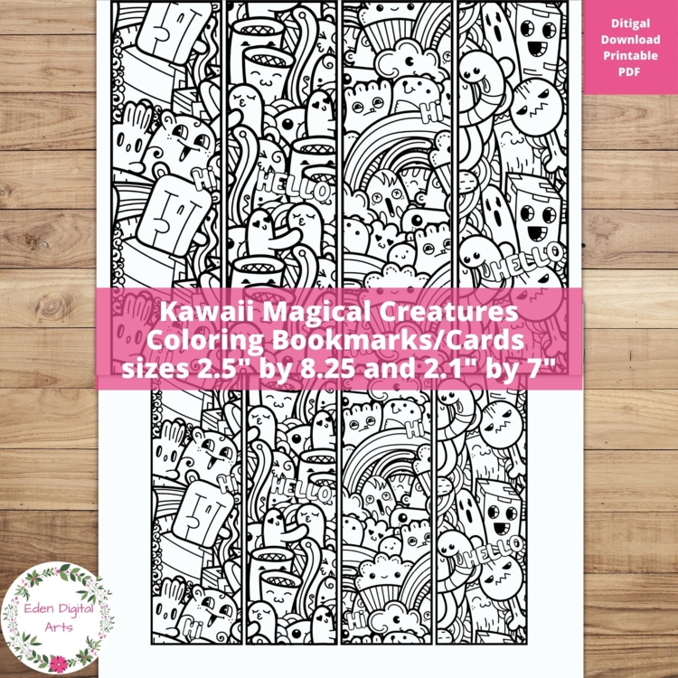 Kawaii Doodle Magical Creatures Monsters Coloring Bookmarks Relaxing Cards Craft