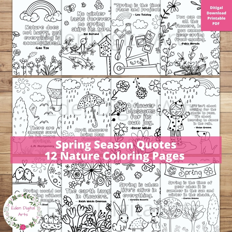 Literary Spring Quotes 12 Whimsical Coloring Pages Calm Activity Garden Craft