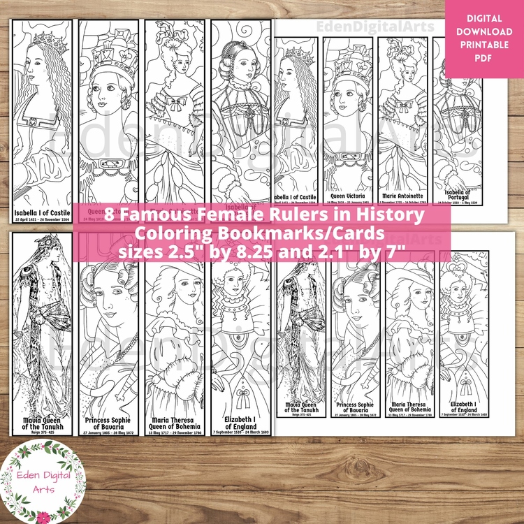 Famous Women Rulers Coloring Bookmarks, Queens in History Relaxing Fun Craft