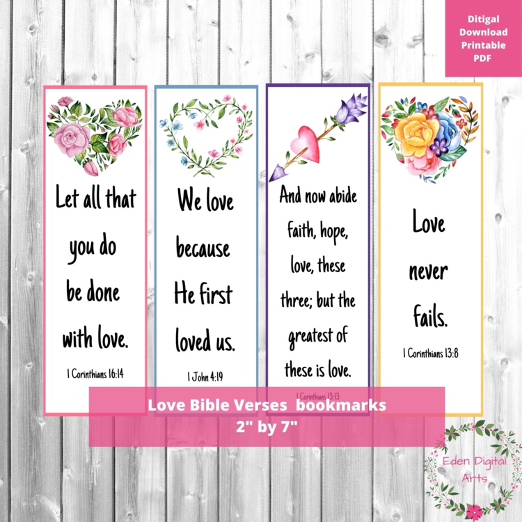 Love Bible Verses Bookmarks Floral Watercolor Hearts Christian Valentines Cards