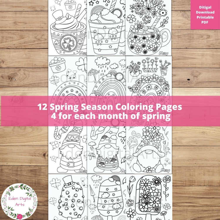 Spring Months Whimsical Coloring Pages Set Gardening Activity Craft Rain Flowers