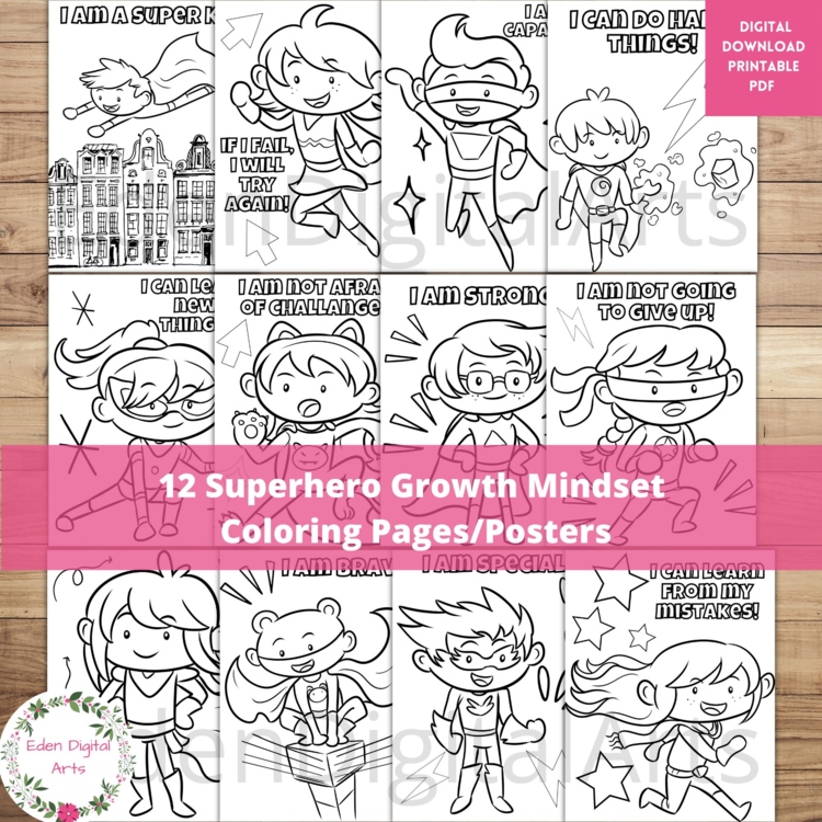 12 Superhero Growth Mindset Coloring Pages Positive Self Esteem Class Posters