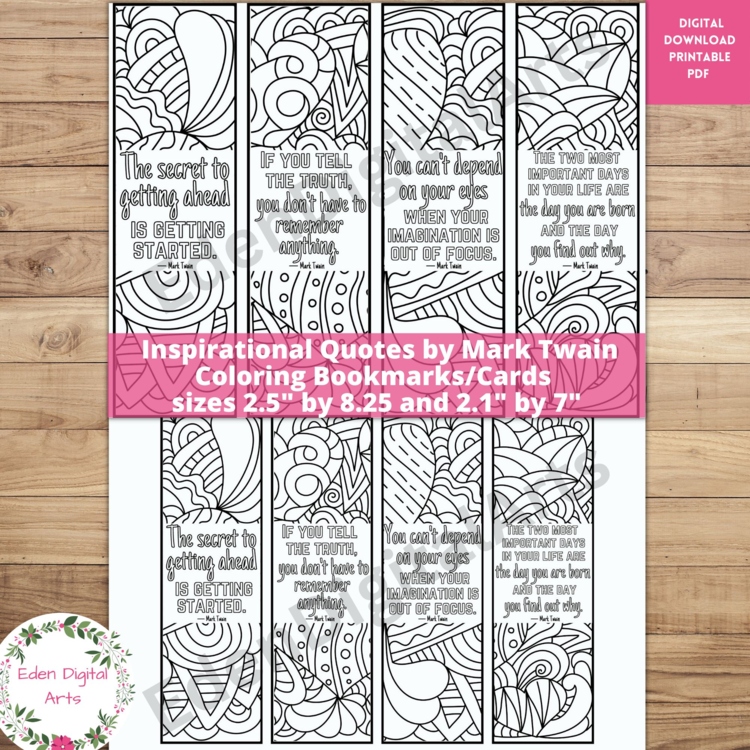 Mark Twain Inspirational Quotes Coloring Bookmarks Relaxing Zen Doodle Craft