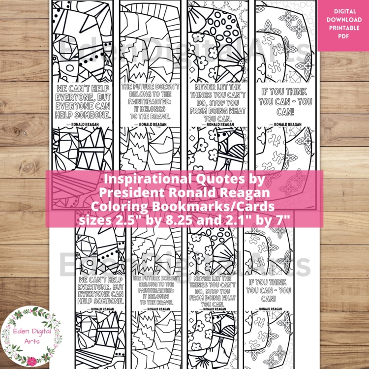 Ronald Reagan Quotes Coloring Bookmarks US President's Day Patriotic Craft Cards
