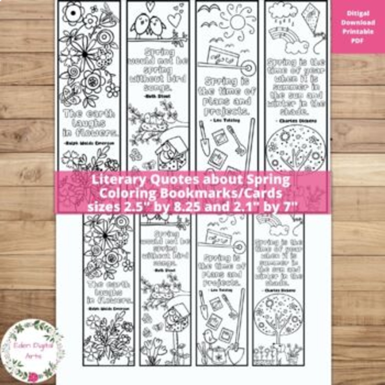 Literary Spring Quotes Coloring Bookmarks Seasons Garden Flowers DIY Cards Craft