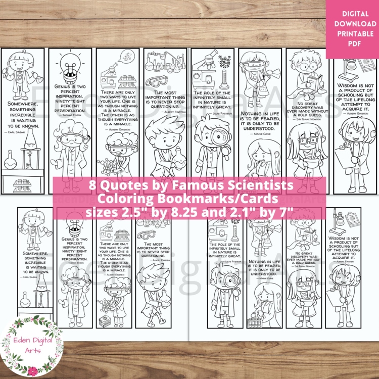 8 Famous Scientists Quotes Coloring Bookmarks Cards Science Class Craft Gift