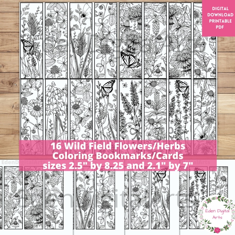 Field Wild Flowers Coloring Bookmarks Anti Stress Relaxing For Teens & Adults