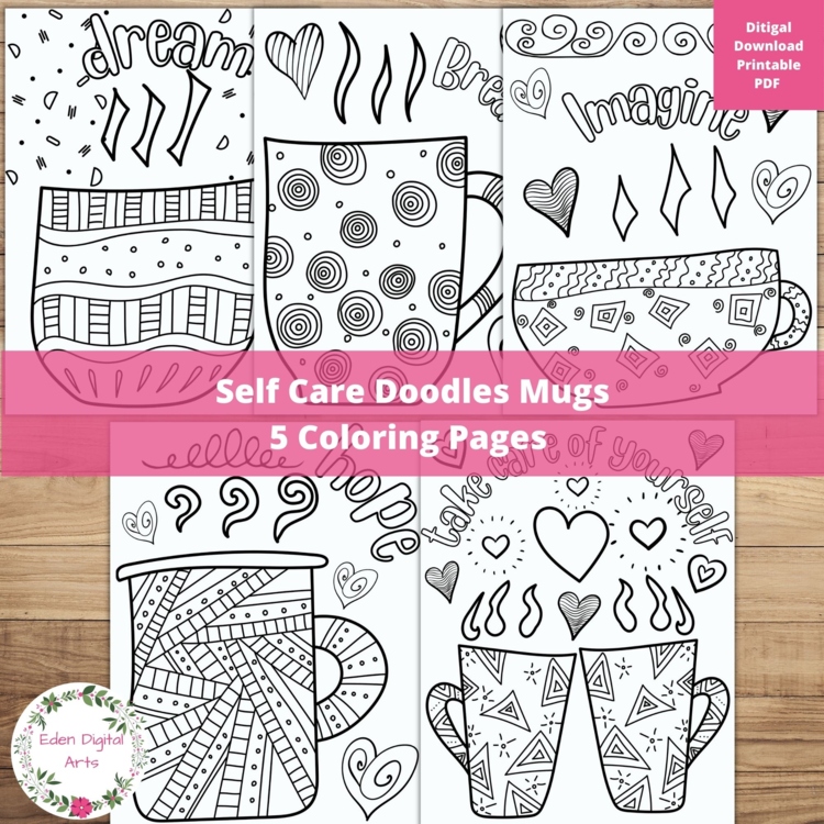 Self Care Mindfulness Coloring Pages Doodle Mugs Relaxing Anti Anxiety Activity