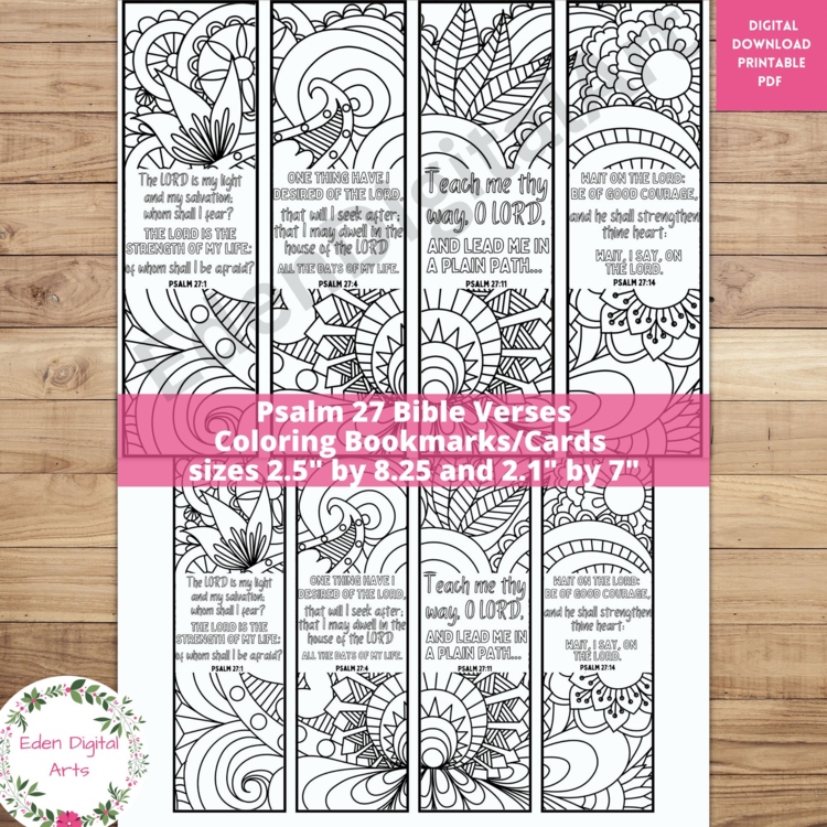 Psalm 27 Coloring Bible Verse Bookmarks, KJV Scripture Christian Prayer Craft