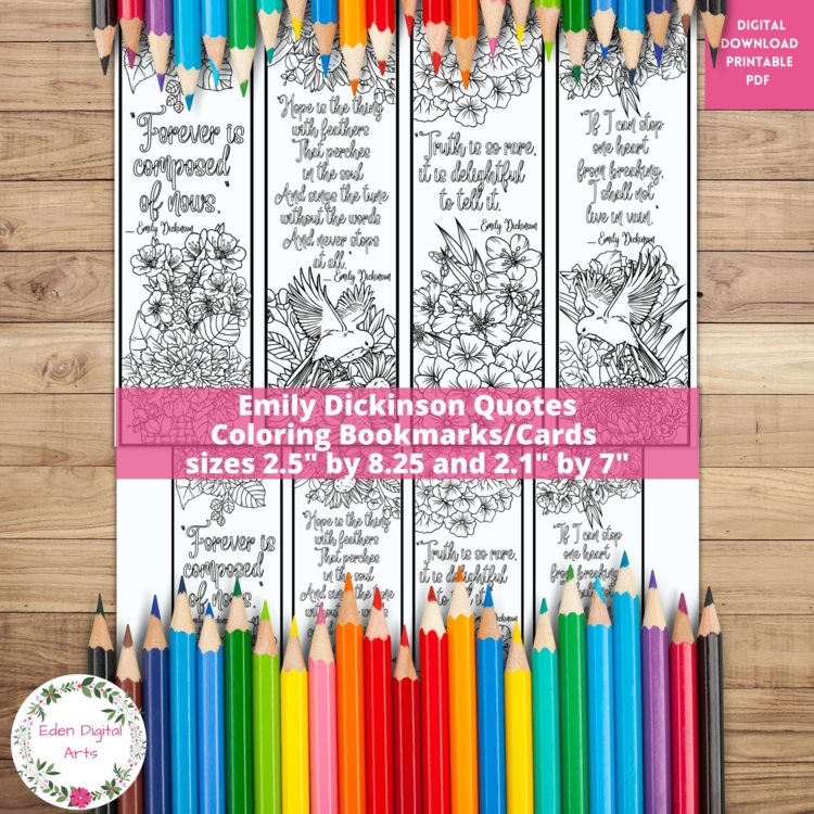 Emily Dickinson Quotes Coloring Bookmarks Poetry Women in History Keepsake Craft