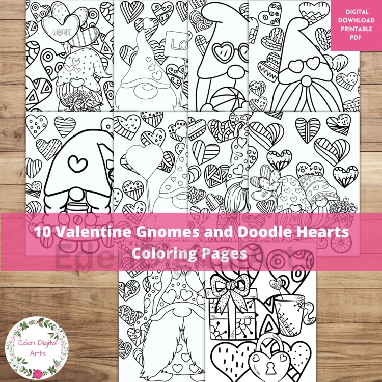 Doodle Hearts Valentine's Day Love Gnomes Coloring Pages Posters Relaxing Craft