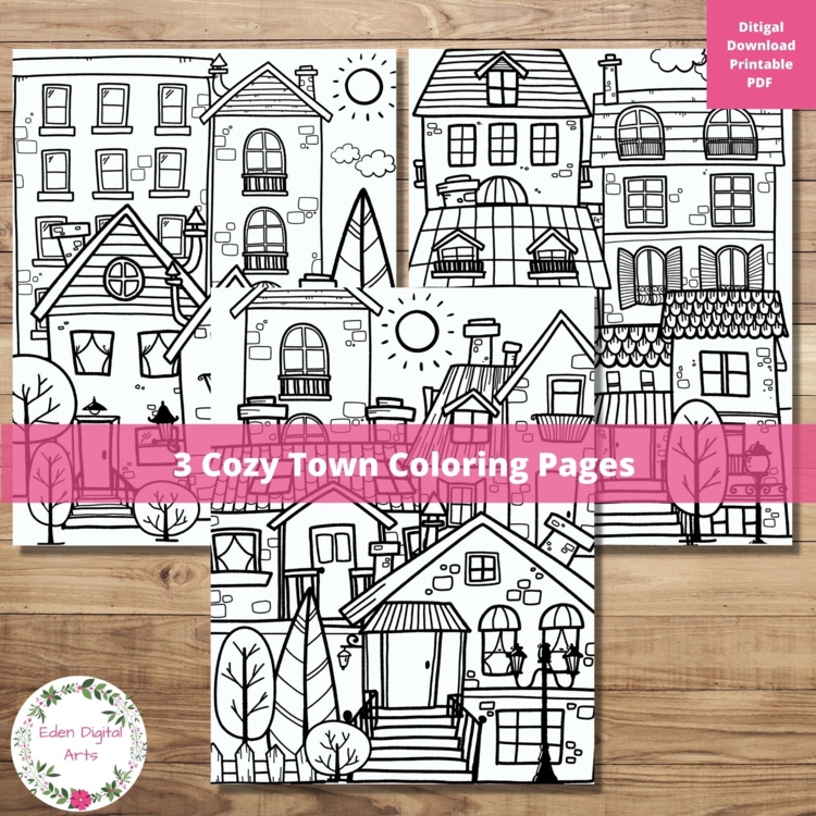 Cozy Town Homes 3 Coloring Pages Buildings Doodle Relaxing Anti Anxiety Activity