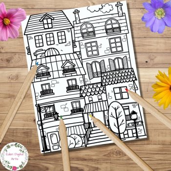 Cozy Town Homes 3 Coloring Pages Buildings Doodle Relaxing Anti Anxiety Activity, image 2