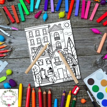 Cozy Town Homes 3 Coloring Pages Buildings Doodle Relaxing Anti Anxiety Activity, image 3