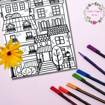 Cozy Town Homes 3 Coloring Pages Buildings Doodle Relaxing Anti Anxiety Activity, image 4