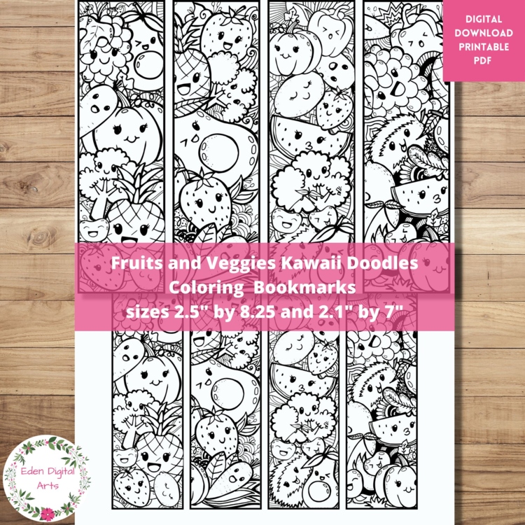 Cute Kawaii Fruit Coloring Bookmarks Healthy Food Relaxing Calming Zen Activity