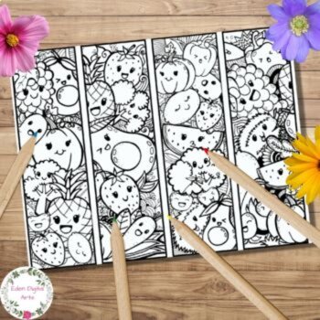 Cute Kawaii Fruit Coloring Bookmarks Healthy Food Relaxing Calming Zen Activity, image 2