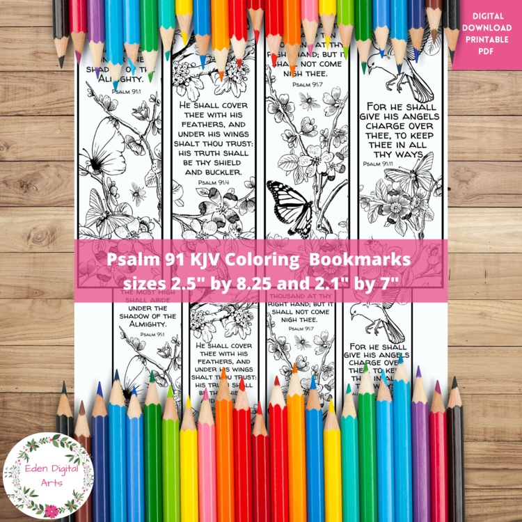 Psalm 91 KJV Bible Verse Coloring Bookmark Calm Scripture Activity Craft Birds